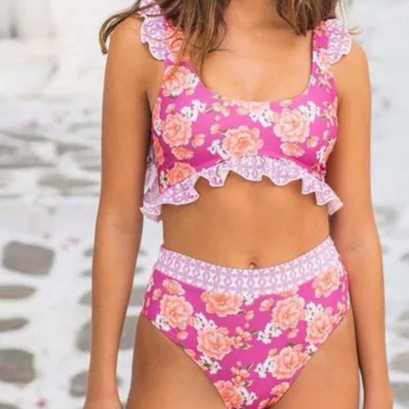 Fuchsia cut-out ruffled floral monokini one piece - Picture 7 of 7